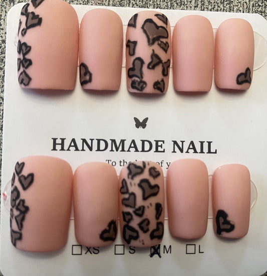 Cheeta Heart design Nude Press on Nails